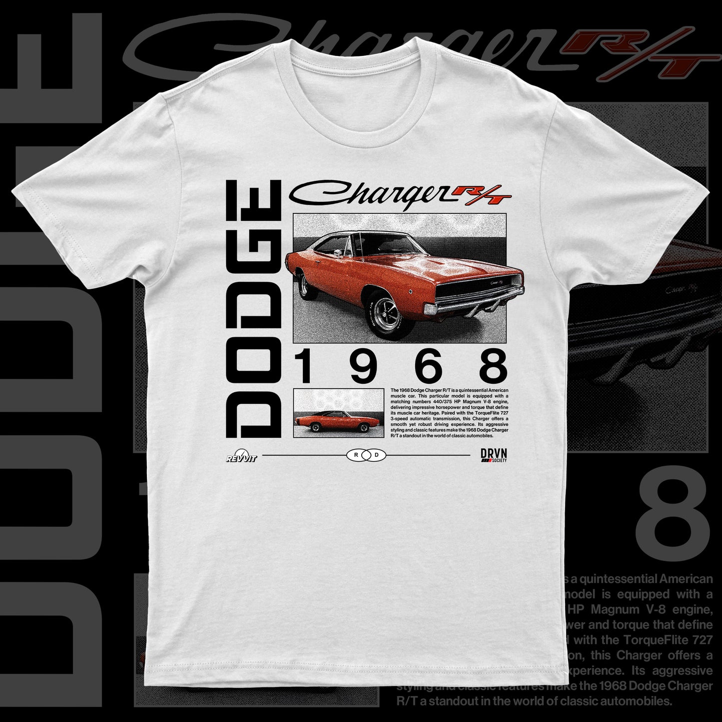 Revvit - 68 Dodge Charger RT - White Unisex Premium T-shirt